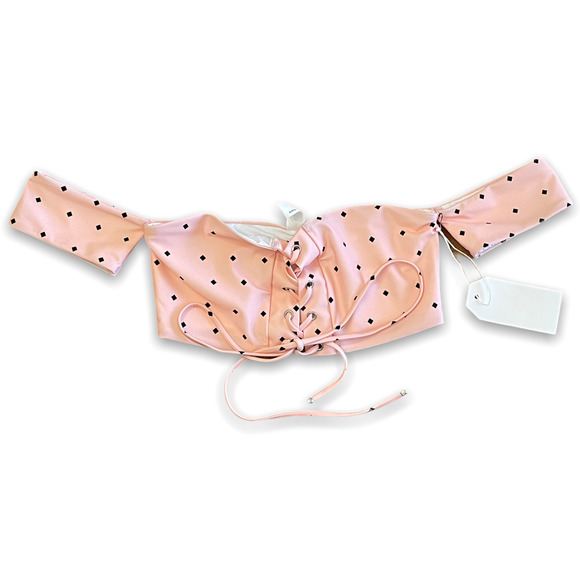 Planet Blue Off Shoulder Lace Up Crop Top Pink - Picture 3 of 3